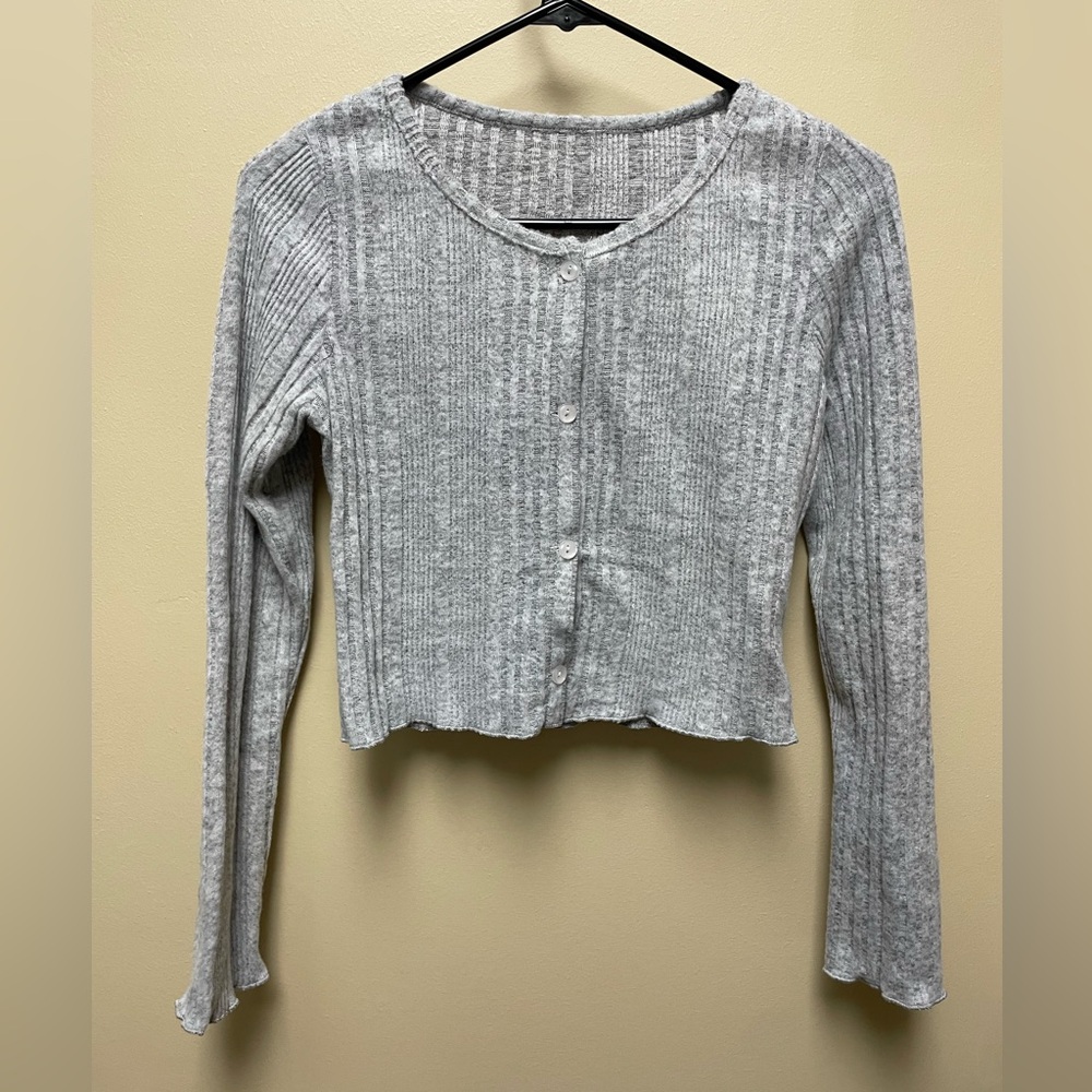 Gray Ribbed Knit Cardigan